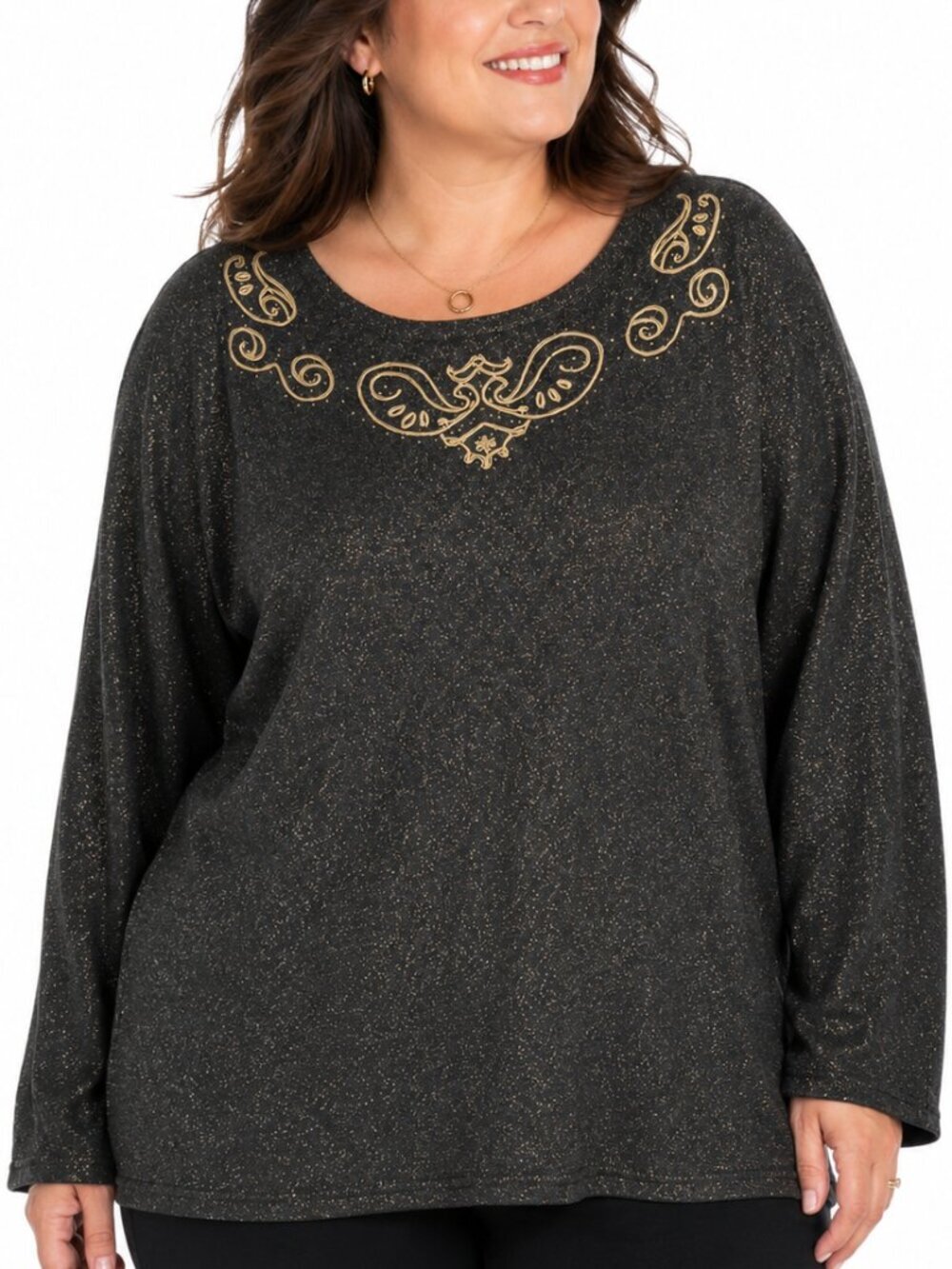 Tradition Plus 2X Black Gold Metallic Glitter Knit Top Embroidered Plus Size